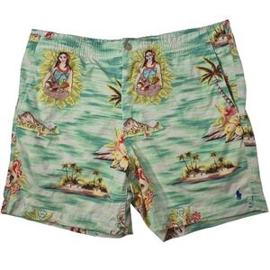 Polo Ralph Lauren Shorts Mens Large Green Hawaiian Polo Bear Surfing Hula Girl